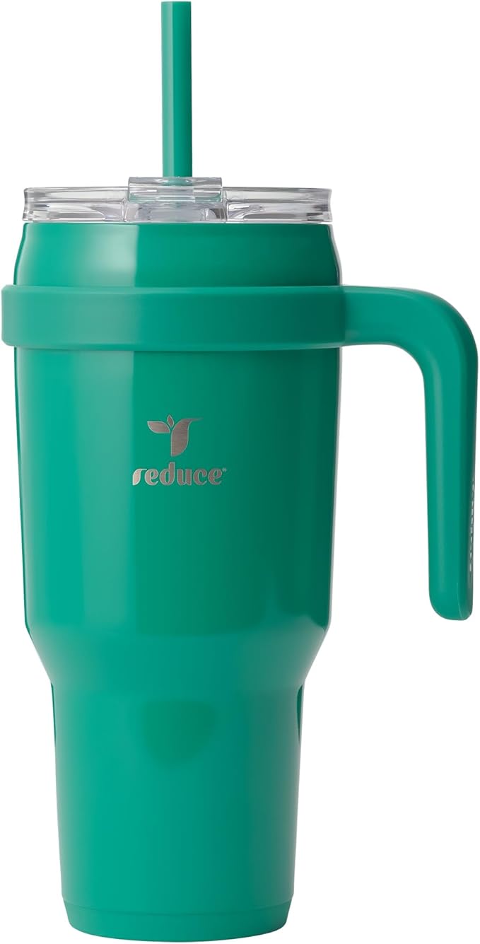 REDUCE 40 oz Stainless Steel Tumbler with Handle - Dual-Wall Vacuum Insulated Travel Mug, Sweat-Proof Lid & Reusable Straw - Keeps Drinks Cold for 24 Hrs, Fits Cupholders, Dishwasher Safe - Palm Leaf