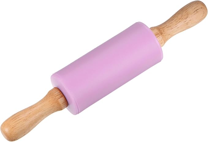 HARFINGTON Silicone Rolling Pins for Baking 9.25 Inch Non-Stick Silicone Surface Wooden Handle Rolling Pin Small Roller Playdough Rolling Pins for Fondant Kitchen Dough Pizza, Purple