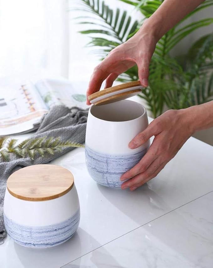 Food Storage Jar White Ceramic Food storage canister with Airtight Wooden Lid for serving Coffee, Tea, Sugar, Spice and More (700ml)
