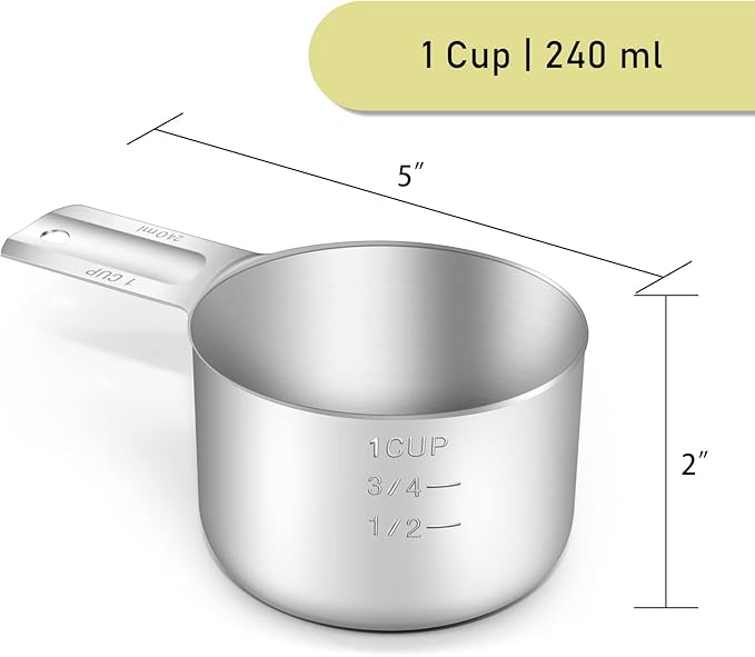 2PCS 1Cup (240ml, 8oz) Single Measuring Cup, Stainless Steel Measure Scoop, Metric and US Measurement, Dishwasher Safe