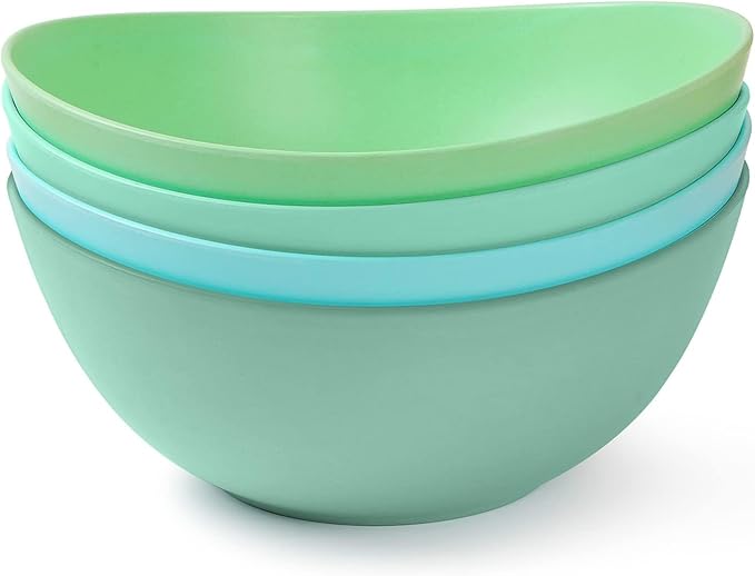 9.6'' Serving Bowls, Bamboo Fiber Salad Bowls Set of 4, 2.6Qt/84 Ounce, Large Bowls for Kitchen,Curvy Shape Big Deep Bowl for Salad,Vegetable,Fruit,Cereal, Lightweight & Easy to Clean(Multi Turquoise)