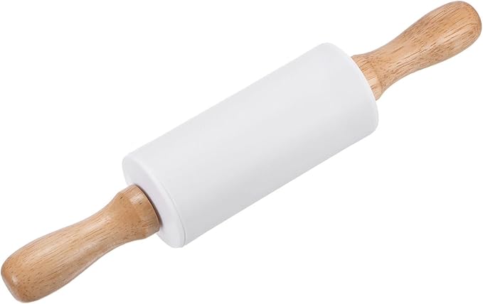HARFINGTON Silicone Rolling Pins for Baking 9.25 Inch Non-Stick Silicone Surface Wooden Handle Rolling Pin Small Roller Playdough Rolling Pins for Fondant Kitchen Dough Pizza, White