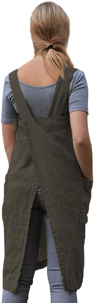 Women's Pinafore Square Apron Baking Cooking Gardening Works Cross Back Cotton/Linen Blend Dress with 2 Pockets