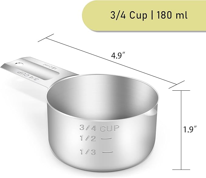 1PCS 3/4Cup (180ml, 6oz) Single Measuring Cup, Stainless Steel Measure Scoop, Metric and US Measurement, Dishwasher Safe