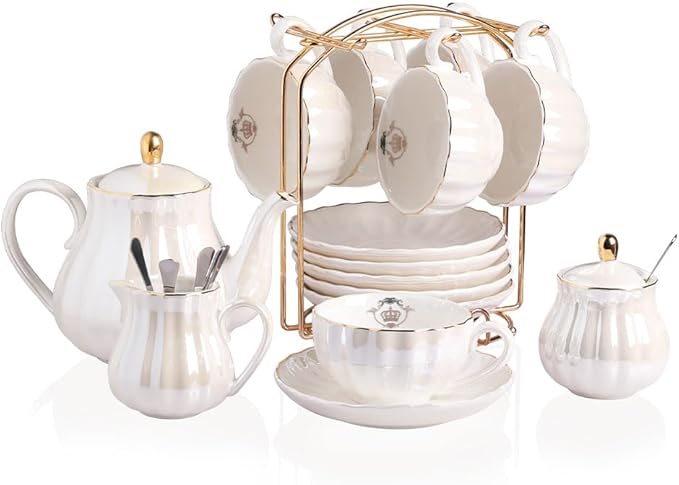 Porcelain Tea Sets British Royal Series, 8 OZ Cups& Saucer Service for 6, with Teapot Sugar Bowl Cream Pitcher Teaspoons and tea strainer for Tea/Coffee (Coral White)