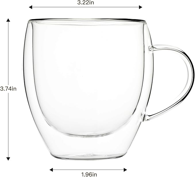 Aurzen 2 Pack Double Walled Glass Coffee Mugs with Handles 8.5oz, Large Insulated Layer Coffee Cups, Clear Borosilicate Mugs, Perfect for Cappuccino, Tea, Microwave Safe (8.5oz-2Pack)