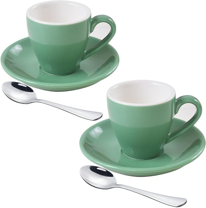 Porcelain Espresso Cup with Saucer And Stainless Steel mini Spoons, Espresso shot Cup, 80ml/2.7Oz, Pack of 2, Cyan