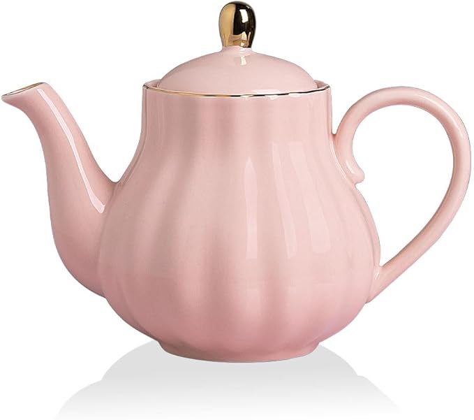 Sweejar Royal Teapot, Ceramic Tea Pot with Removable Stainless Steel Infuser, Blooming & Loose Leaf Teapot - 40 Ounce (Pink)