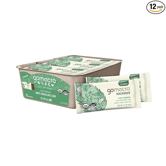 GoMacro MacroBar Organic Vegan Protein Bars - Mint Chocolate Chip, 2.3 Ounce Bars, (Pack of 12)