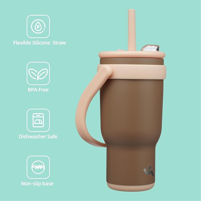 30 oz Tumbler with Side Handle, Insulated Water Bottle with Straw and 2 in 1 Lid, Stainless Steel Cup Travel Coffee Mug for Sports Office Gym,Brown