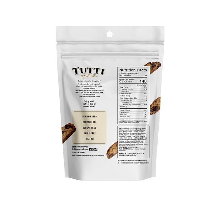 Tutti Gourmet Gluten Free Orange & Chocolate Biscotti, 9.9 oz (283g) Resealable Cookie Bag - Vegan and Halal Snacks