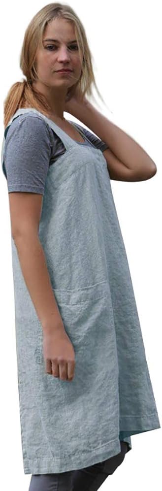 Women's Pinafore Square Apron Baking Cooking Gardening Works Cross Back Cotton/Linen Blend Dress with 2 Pockets