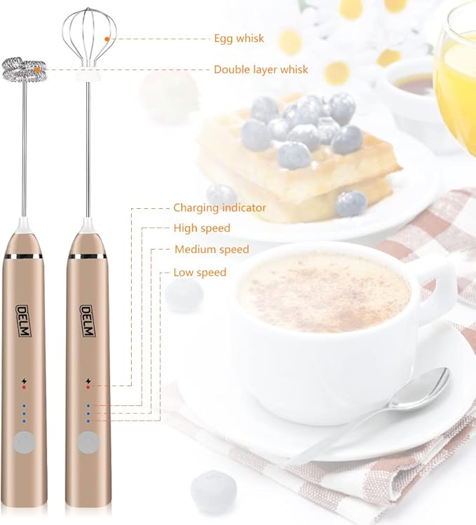 Delm Milk Frother Electric USB Stainless Steel Accessory - Frother Wand Foam Maker for Lattes - Milk Frother Handheld for Cappuccino, Frappe, Matcha, Hot Chocolate - Frother for Coffee (beige/gold)
