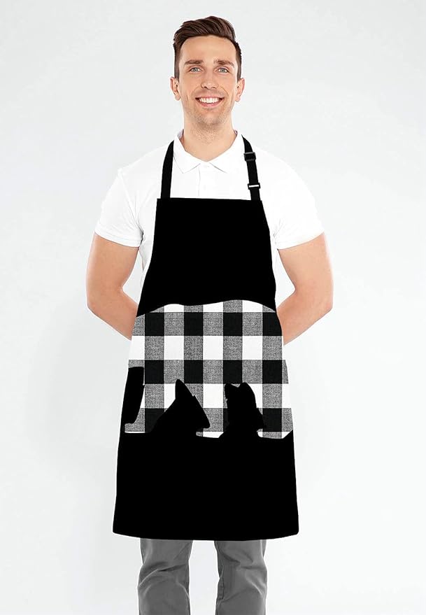 Black and White Buffalo Plaids Bear Apron Home Kitchen Waterproof Cooking Baking Gardening for Women Men