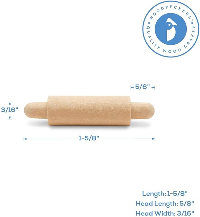 Wooden Mini Rolling Pin, 1-5/8 inches, Pack of 25, Perfect for Scrapbook Projects, Miniatures, Party Decor, and Crafts, by Woodpeckers