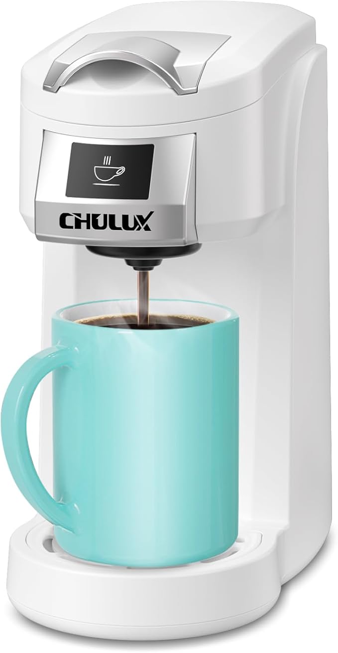 CHULUX Classic Single Serve Coffee Maker for K Cup, One Button Easy Coffee Machine for Office, RV, Travel and Dorm, White