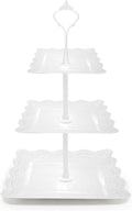 3 Tier Cupcake Stand, Durable Plastic 3 Tier Serving Tray for Cupcake, Fruit, Chocolate, Cookies, Square White Embossed Tiered Tray Stand for Wedding, Baby Shower, Party