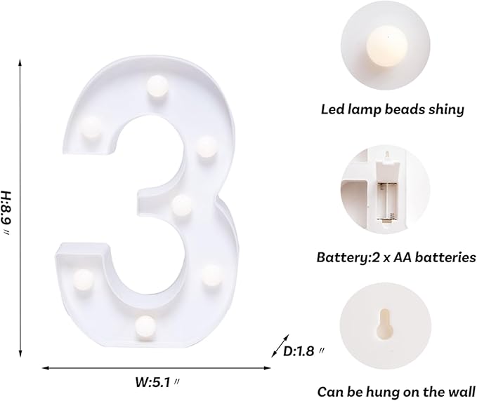 Foaky Decorative Led Marquee Light Up Number, Marquee Light Up Number Sign for Night Light Wedding Birthday Party Christmas Home Bar Decoration Number(3)