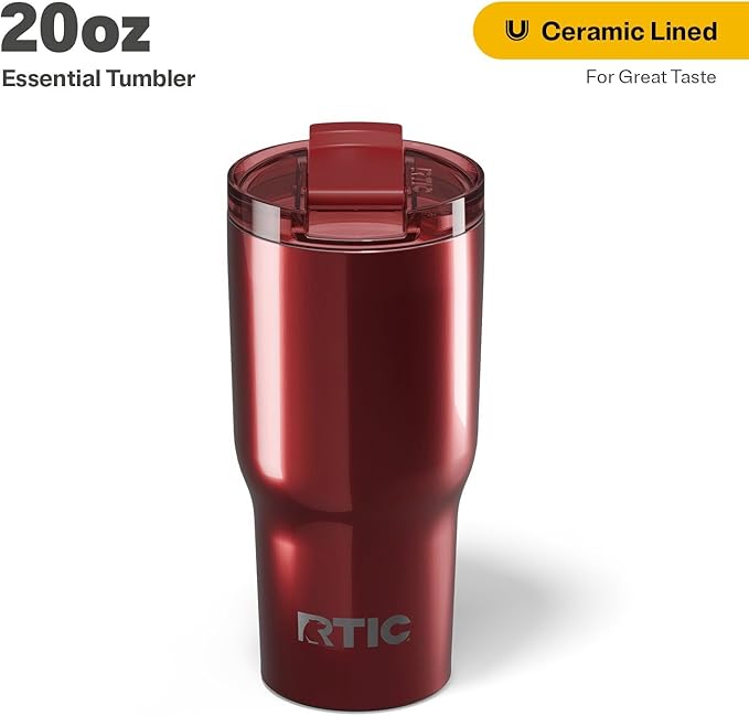 RTIC 20oz Essential Tumbler with Lid, Insulated, Stainless Steel, Metal, Double Wall Vacuum-Insulation, Ceramic Lined, Travel Cup for Iced Coffee, Tea, Hot and Cold Drink, Black Cherry Metallic