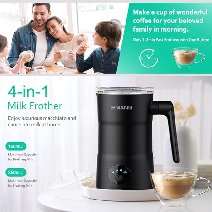 Electric Milk Frother, 4 in 1 Milk Steamer, 11.8oz/350ml Automatic Warm and Cold Foam Maker, Milk Warmer for Latte, Cappuccinos, Macchiato, Hot Chocolate, Coffee, Matte Black