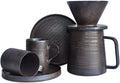 Handmade Stoneware Pour Over Drip Coffee Maker & Cups Set, Coffee Brewer Dripper Cone Filter, Coffee Decanter & Espresso Cups & Saucers Gift Set, Annular Veins Retro Metallic Glazed,16oz