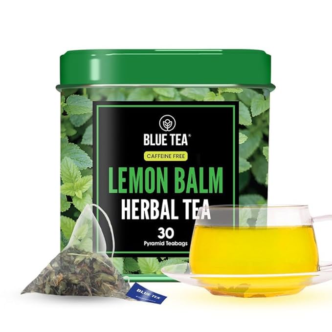BLUE TEA - Lemon Balm Tea - 30 Count - Pyramid Plant Based Tea Bag | RELIEVES STRESS - IMPROVES DIGESTION | Reduces Bloating | Refreshing Citrus Flavour - Leaf Based - Caffeine Free | Tin Pack