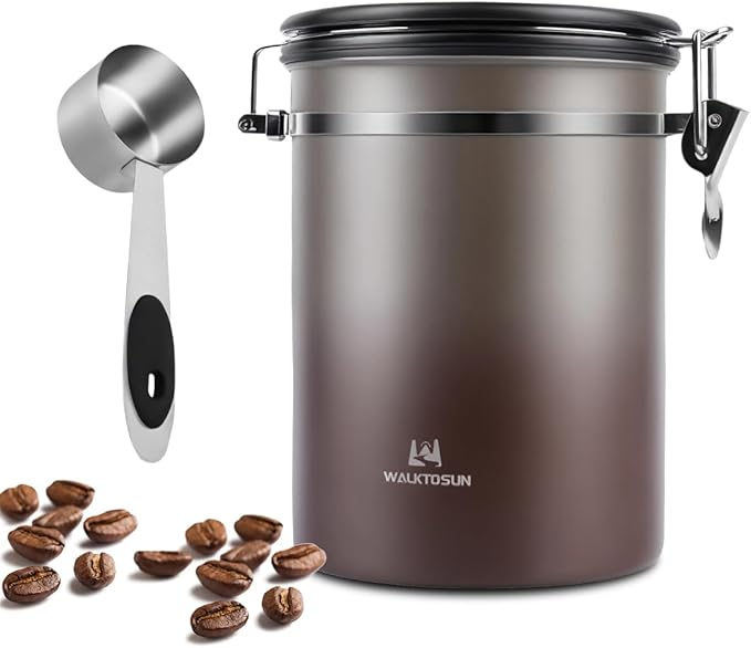 Coffee Canister Airtight Storage Container Stainless Steel Coffee Jar with Scoop,Date Tracker CO2 Release Valve for Dry Food Beans Ground Tea Flour Cereal and Sugar (1.8L Grey-Brown With Spoon)