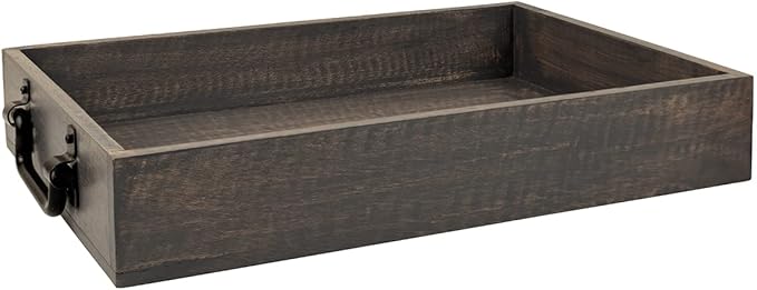 GoCraft Handmade Wooden Tray with Metal Handles – 15" x 11" x 2.5" Decorative Serving Tray in Grey Washed Finish – Versatile Tray for Breakfast in Bed, Lunch, Dinner, Appetizers, Coffee Table