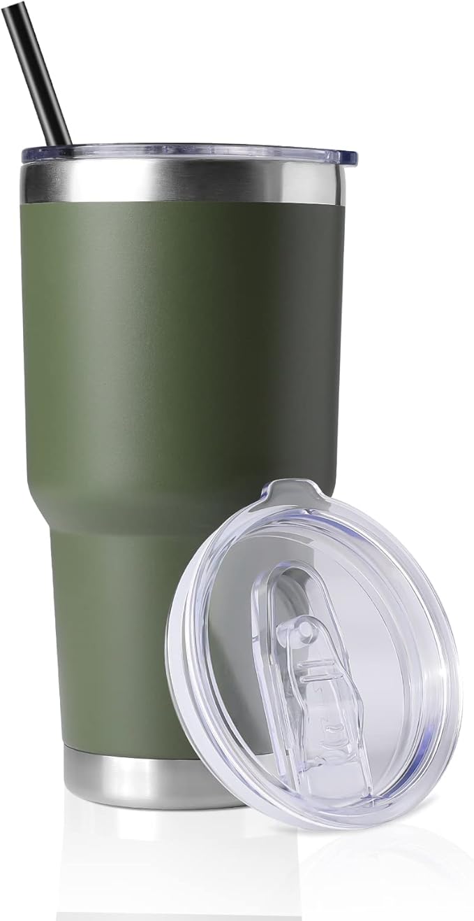 DOMICARE 30 oz Tumbler with Lid and Straw, Stainless Steel Tumblers Bulk, Insulated Vacuum Double Wall Travel Coffee Mug, Durable Powder Coated Tumbler Cup (Army Green, 1)