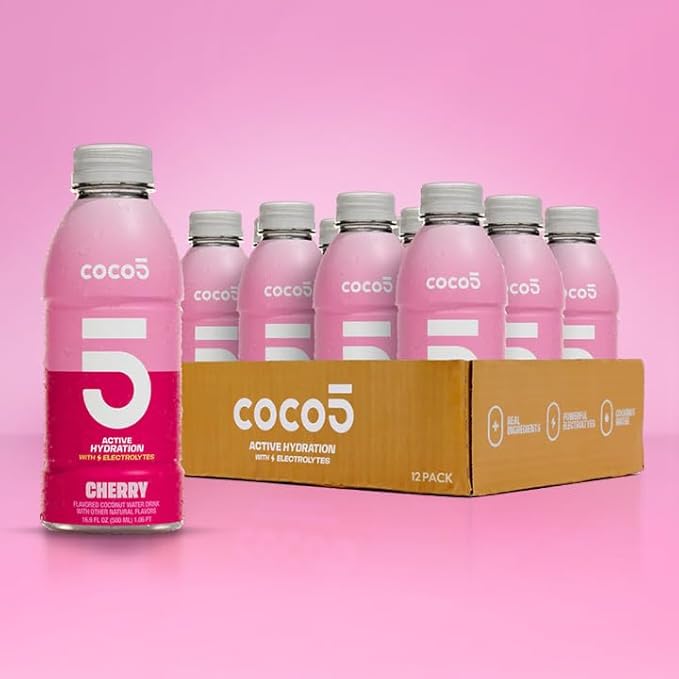 Coco5 Clean Sports Hydration Cherry Flavor | 100% Natural | 50% Less Sugar | Nothing Artificial | Non-GMO | Gluten Free | Developed by Pro Trainers for Pro Athletes | 16.9 OZ (Pack - 12)