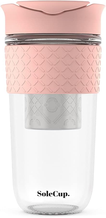 Large Travel Mug Loose Tea Infuser - Detachable Tea Strainer with Spill Proof Lid - 18oz/530ml BPA-Free Reusable Glass Travel Coffee Cup with Silicone Band (Pink) (Pink)