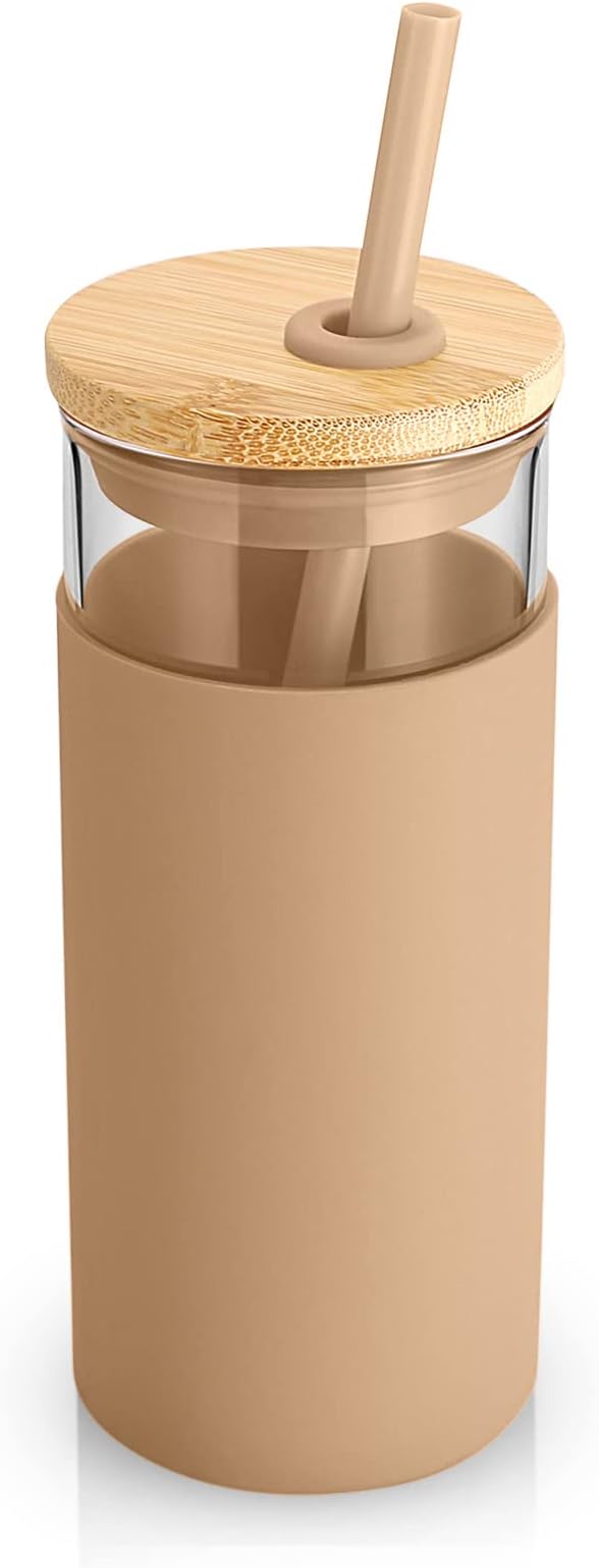 Tronco 20oz Glass Tumbler Glass Water Bottle Straw Silicone Protective Sleeve Bamboo Lid - BPA Free (Mixed color/8 Pack)