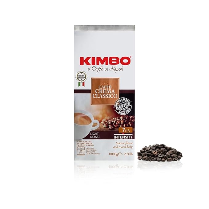 Kimbo Caffe Crema Classico Whole Bean Coffee - Blended and Roasted in Italy - Light Roast with Intense Flavor and Round Body - 2.2 lbs Bag