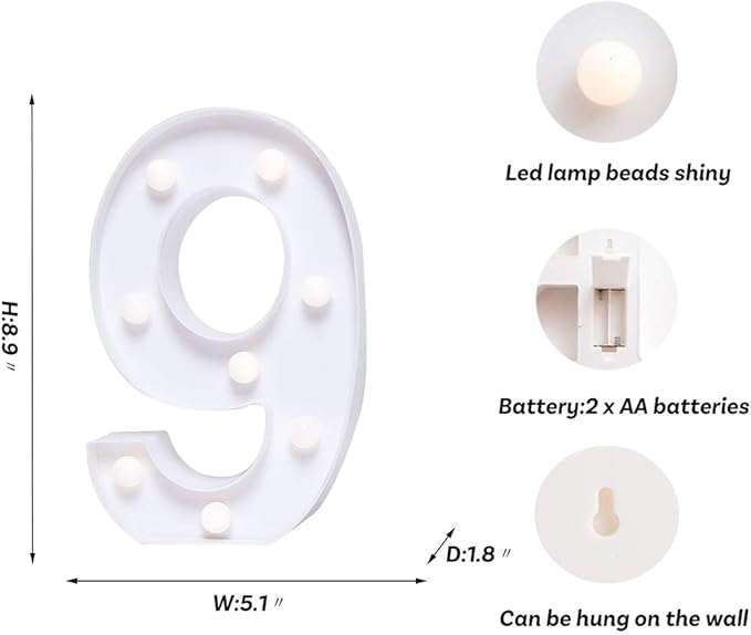 Foaky Decorative Led Marquee Light Up Number, Marquee Light Up Number Sign for Night Light Wedding Birthday Party Christmas Home Bar Decoration Number(9)