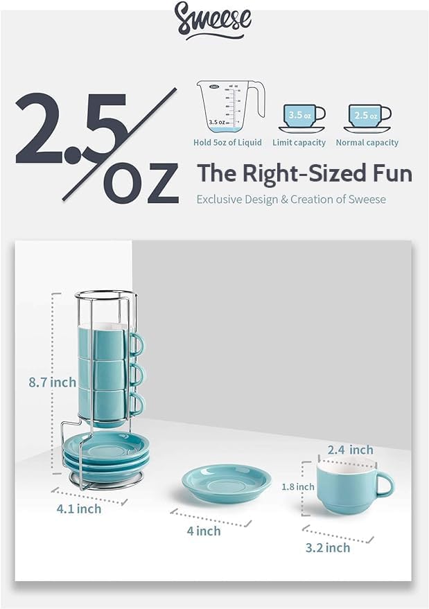 Sweese 2.5 Ounce Porcelain Stackable Espresso Cups with Saucers and Metal Stand Set of 4, Turquoise