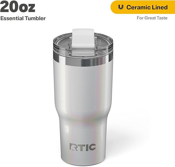 RTIC 20oz Essential Tumbler with Lid, Ceramic Lined, Insulated, Stainless Steel, Metal, Double Wall Vacuum-Insulation, Travel Cup for Iced Coffee, Tea, Hot and Cold Drink, Cool Grey Glitter