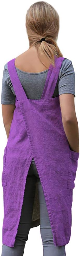 Women's Pinafore Square Apron Baking Cooking Gardening Works Cross Back Cotton/Linen Blend Dress with 2 Pockets
