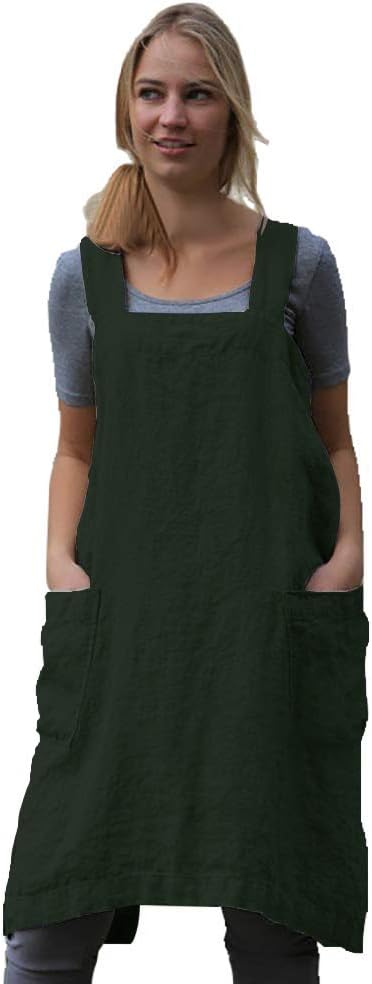 Women's Pinafore Square Apron Baking Cooking Gardening Works Cross Back Cotton/Linen Blend Dress with 2 Pockets
