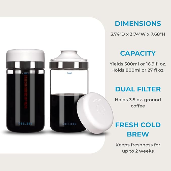 Cold Brew Coffee Maker Set (Brewer & Carafe), Up to 12 Servings of Concentrate, Reusable Stainless Steel Dual Filter, Durable Borosilicate Glass & Spill-Proof Pouring Spout, 16.9 fl oz / 500ml