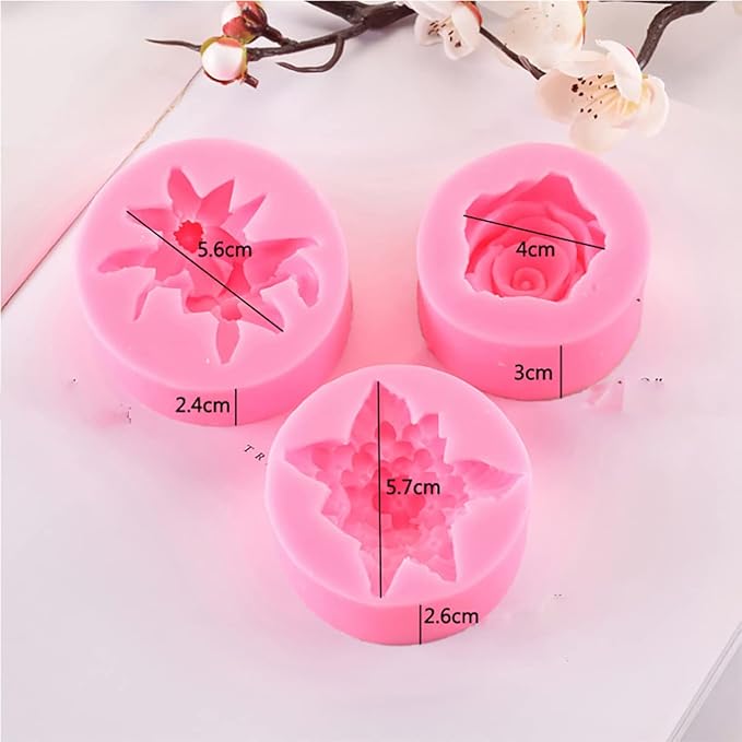 3 Pack Silicone Mold - 3D Flower Shapes: Rose, Peony & Round for Resin Candle & Soap Making