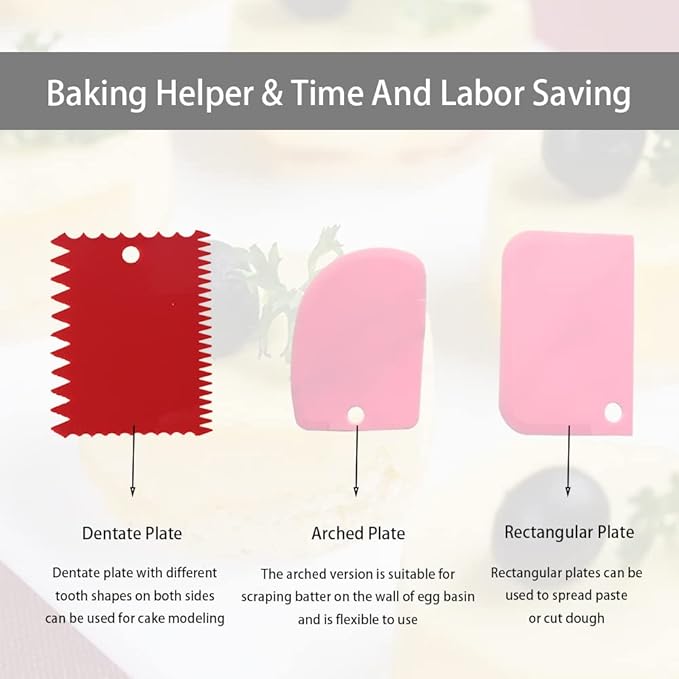 Cake Scraper Cake Decorating Comb,Cake Scraper Smoother,Flexible Plastic Dough Scraper For Bread Making,Reusable Pastry Pizza Dough Cutter Tool For Baking Cake Edge Stripe Decorating(6Pcs,Red,Pink)
