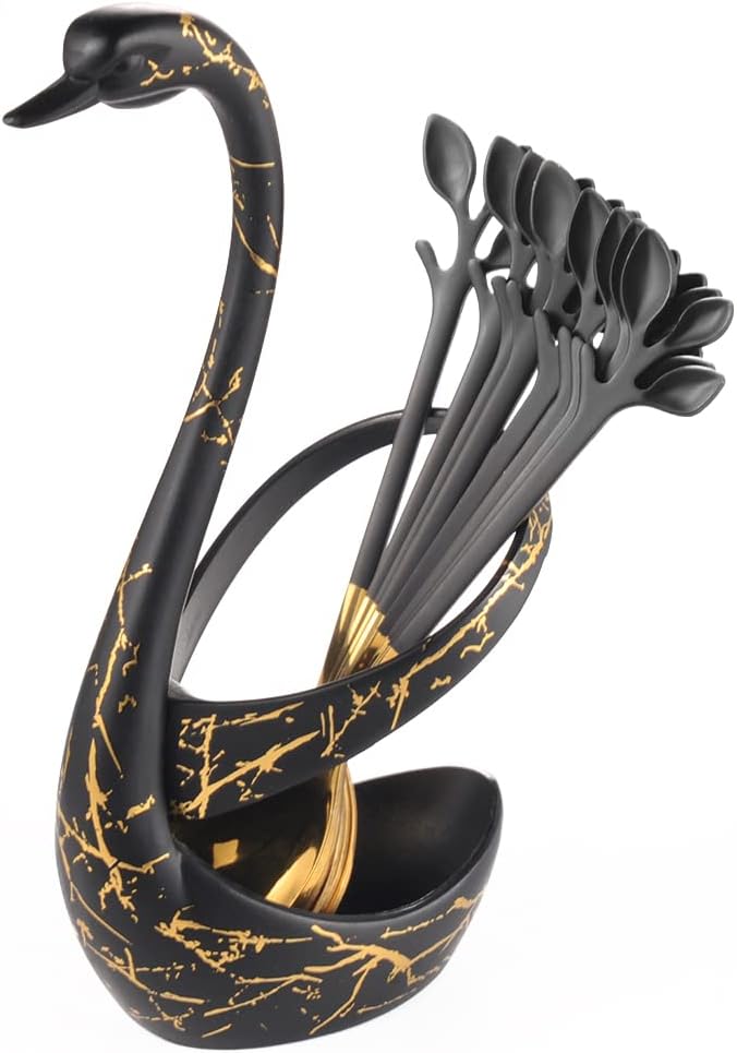 AnSaw Small Coffee Spoon Holder Set,Black Swan Base With 10 Pcs Black & Gold Demitasse Espresso Spoons Set,4.7" Mini Leaf Dessert Spoon,Stainless Steel Tea Spoons