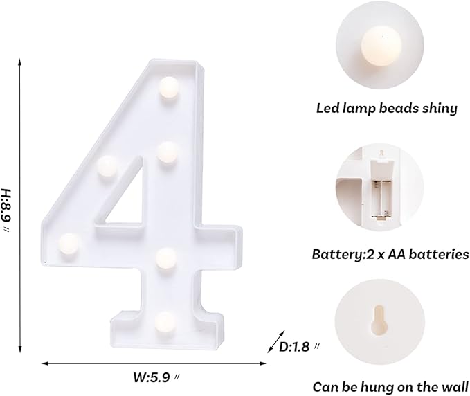 Foaky Marquee Light Up Number Sign, Plastic LED Lamp for Night Light, Wedding, Birthday Party, Christmas Home Bar Decoration(4)