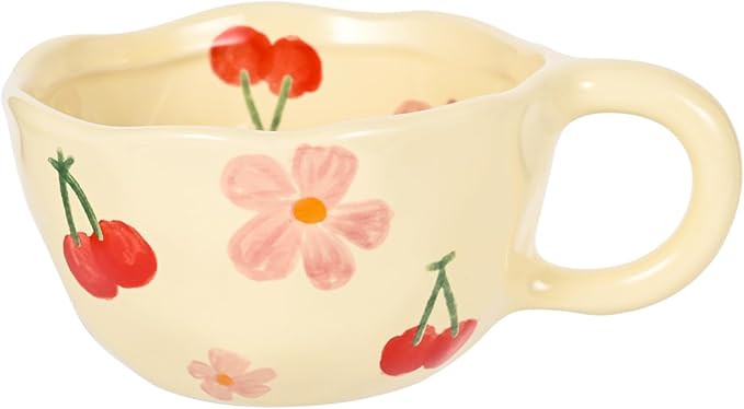 Ceramic Coffee Mug Vintage Flower Mugs 8 oz Cute Floral Coffee Mugs Irregular Latte Art Cup Lead-free Porcelain Cups for Cappuccino, Cocoa (Pink Cherry)