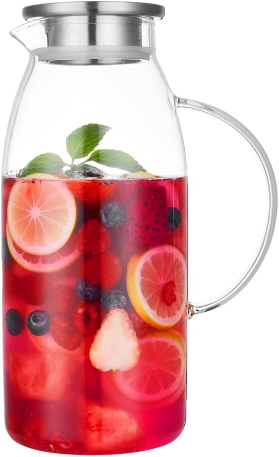 80 Ounces Glass Pitcher with Lid, Hot/Cold Water Jug, Juice and Iced Tea Beverage Carafe