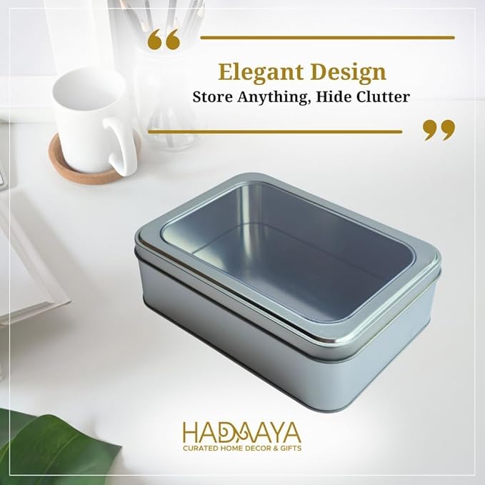 Pack of 2 Silver Rectangular Tin Container With Clear Lid, Multipurpose Tin Box, Festive Tin Box for Gift Giving, Cookies, Stationery & More - 7.25 x 5.25 x 2.25 Inches