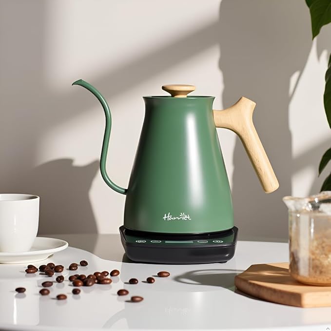 Harriet Gooseneck Electric Kettle - 1200W Fast Heat, 0.8L Stainless Steel, Precision Temp Control & Timer, Wood Handle, Pour Over Coffee and Tea, Green