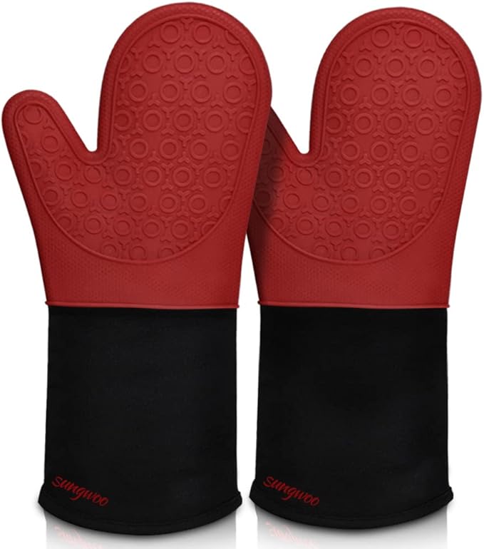 sungwoo Extra Long Silicone Oven Mitts, Heat Resistant Oven Gloves with Quilted Liner Non-Slip Textured Grip Perfect for BBQ, Baking, Cooking and Grilling - 1 Pair 14.6 Inch Red & Black