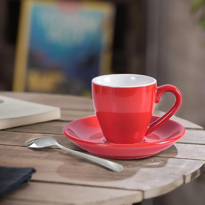 homEdge Porcelain Espresso Shot Cup Set with Saucers and Stainless Steel Spoons - 80 ml / 2.67 oz, Set of 4, Red