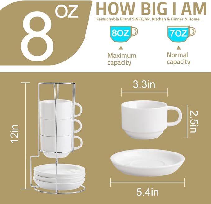 Sweejar Porcelain Cappuccino Cups with Saucers and Metal Stand, 8 Ounce Stackable Espresso Cups for Specialty Coffee Drinks, Latte, Americano, Tea - Set of 4 (Red)